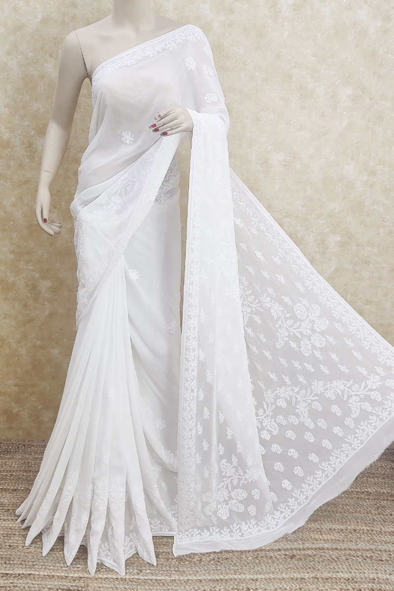 White Color Hand Embroidered  Lucknowi Chikankari Saree (With Blouse - Viscose Georgette) MC251974